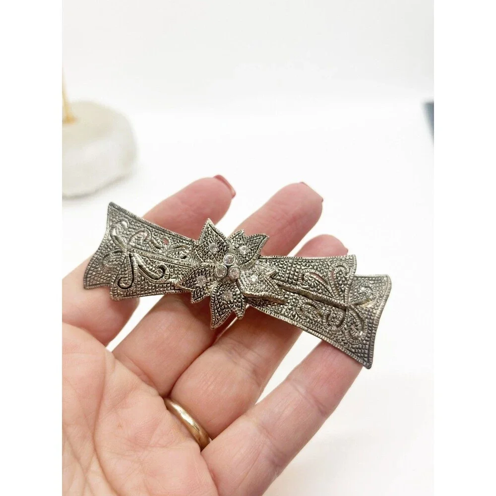 Floral Hair Barrette Marcasite Look With Rhinestones 3.25